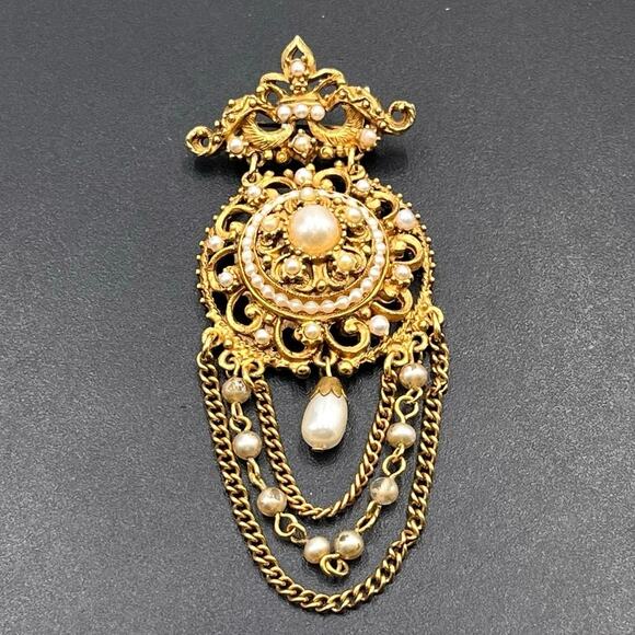 Florenza Vintage Renaissance Revival Faux Pearl Festoon Chain Dangle Brooch - Picture 1 of 9